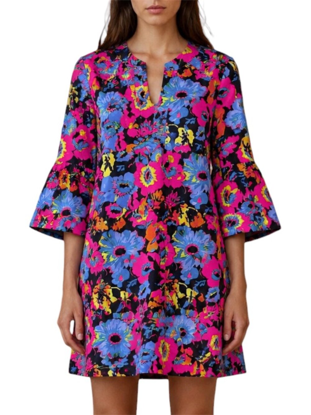 L Jude Connally Kerry Wildflower Mini Dress Psychedelic Bell Sleeve
